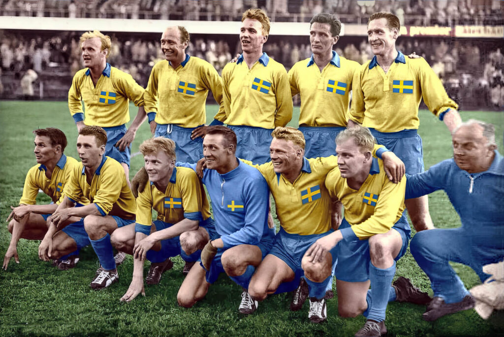 Sveriges VM-trupp samlad för lagfoto inför VM 1958